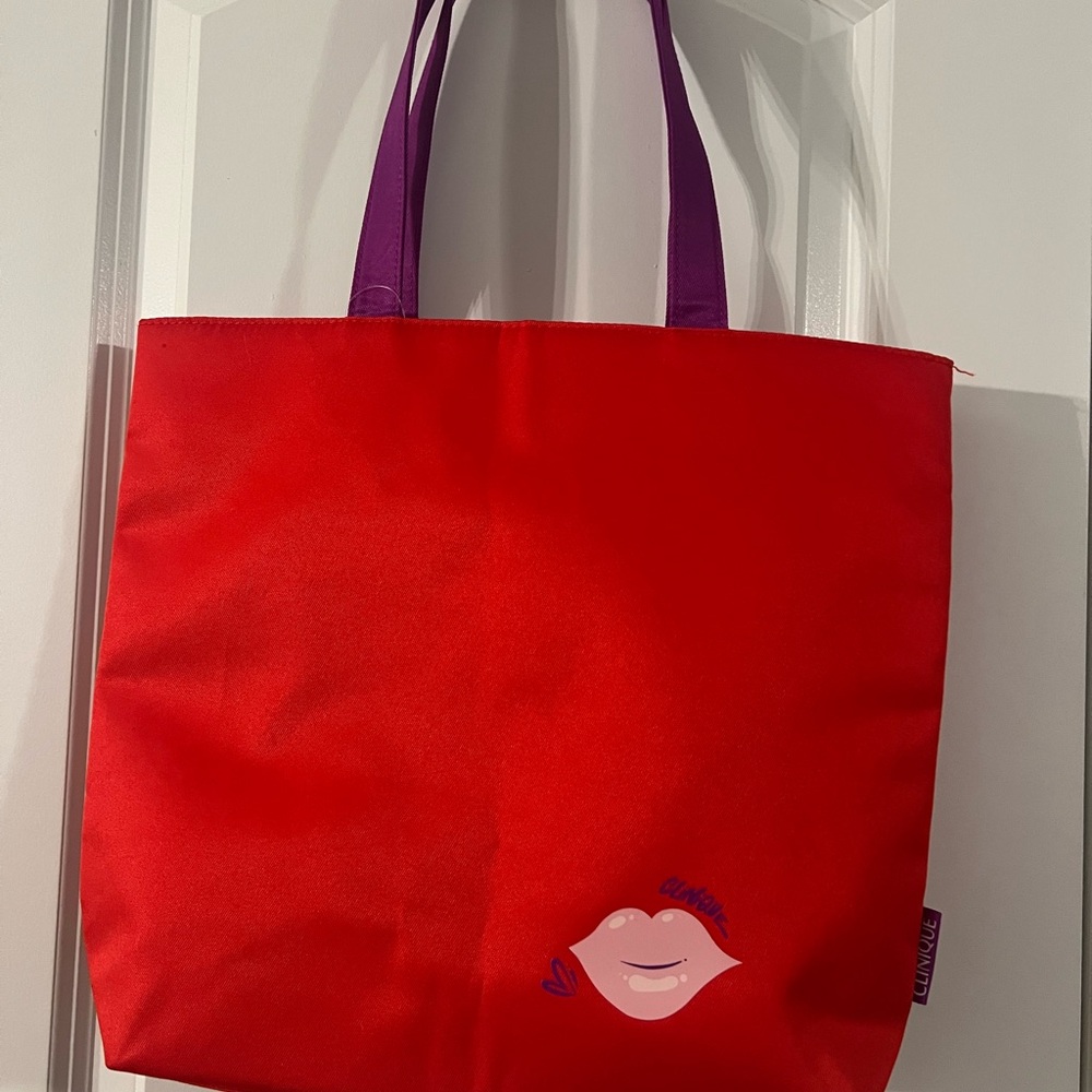 New Clinique Chic Red Tote with Purple Handles